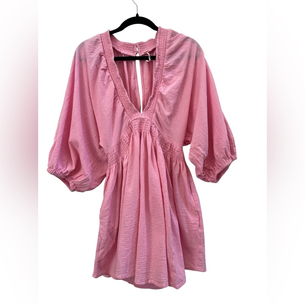 Free People For The Moment Pink Cotton Gauze Babydoll Mini Dress Pockets L Boho - Picture 2 of 6